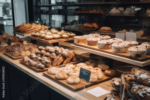 A gluten-free bakery, with displays of fresh-baked vegan cakes, cupcakes, cookies and breads, enjoyed through alternative, natural ingredients. Generative AI