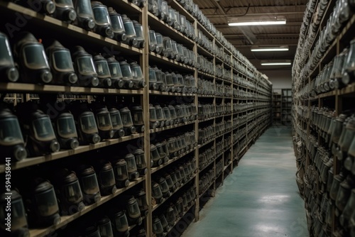 Rows of identical gas masks on racks in a massive warehouse  as if stockpiling for some future conflict. Generative AI
