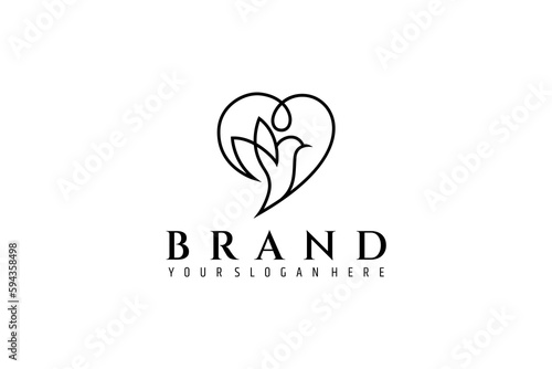 Flying bird logo with frame forming heart in linear design style