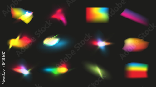 Set of rainbow crystal light leak.  Rainbow light lens flare, light refraction effect	