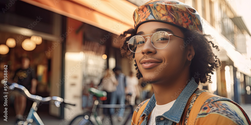 Closeup of a Gen-Z young adult getting ready to ride a bike in the city - Generative AI 