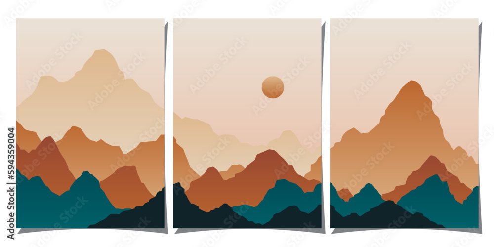 Set of creative abstract mountain landscape and mountain range backgrounds. Minimalist posters with gradient for print, canvas, wall arts, decoration.