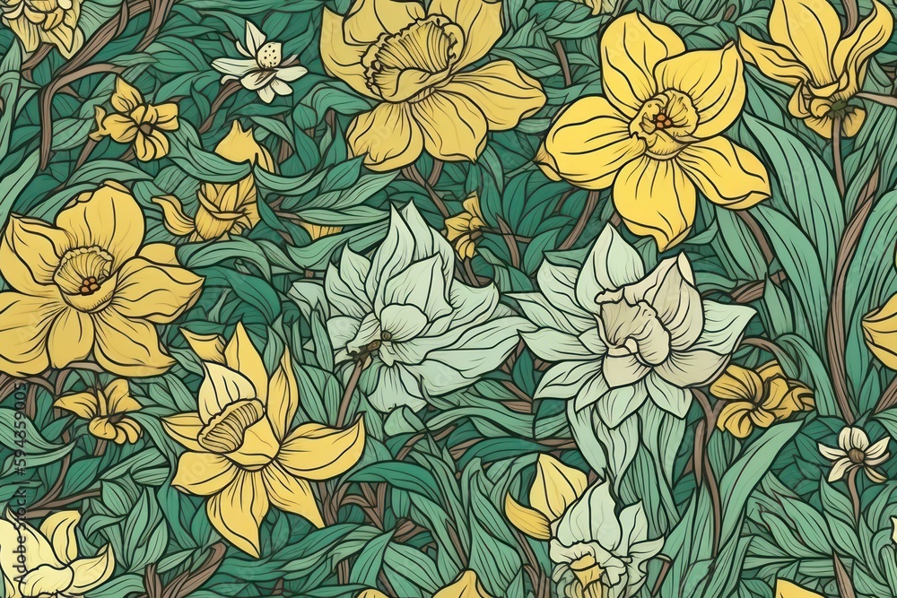 duffodil flower as a hand drawing seamless pattern, generative ai