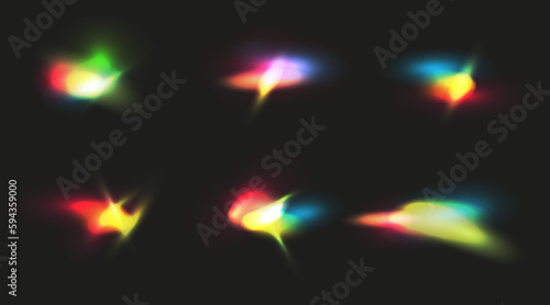 Set of rainbow crystal light leak. Rainbow light lens flare, light refraction effect	
