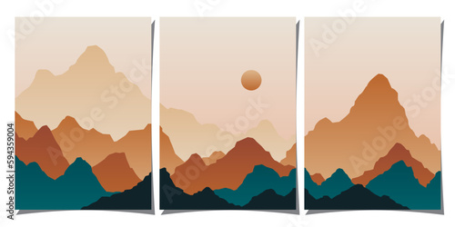 Set of creative abstract mountain landscape and mountain range backgrounds. Minimalist posters with gradient for print, canvas, wall arts, decoration. © Udomdech