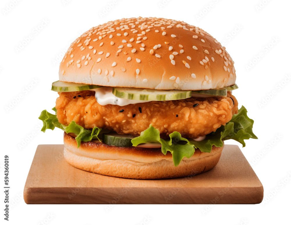 Chicken burger in transparent background. Generative AI. Chicken burger in transparent background. Generative AI.