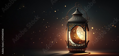 copy space golden lantern in black background   ramadan islam eid adha banner by ai generative