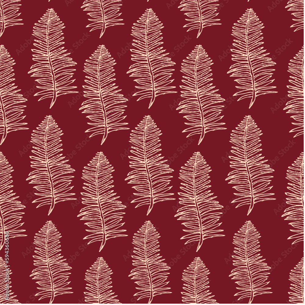 Exotic leaf sketch pattern. Seamless repeat surface design on  maroon background. Minimal and modern vector graphic for fabric and background