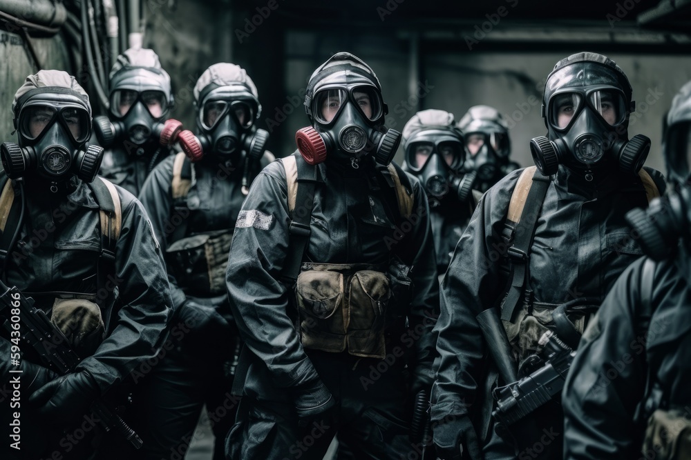 A group of a military unit, posing in uniform and wearing gas masks. But there is a sense of grim determination on their faces, suggesting they are prepared to face any hazardous threat. Generative AI