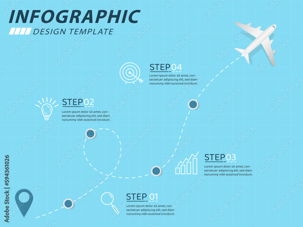 Infographic design template. Timeline concept with 4 options or steps template. layout, diagram, annual, airplanes , travel, report, presentation. Vector illustration.	