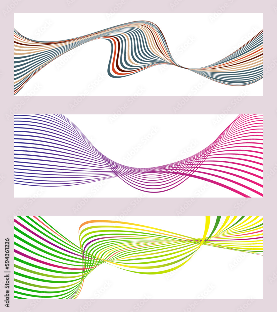 Wavy lines or ribbons. Set of 3 backgrounds. Multicolored striped gradient. Creative unusual background with abstract gradient wave lines to create a trendy banner, poster. vector eps Wavy lines or ribbons. Set of 3 backgrounds. Multicolored striped gradient. Creative unusual background with abstract gradient wave lines to create a trendy banner, poster. vector eps