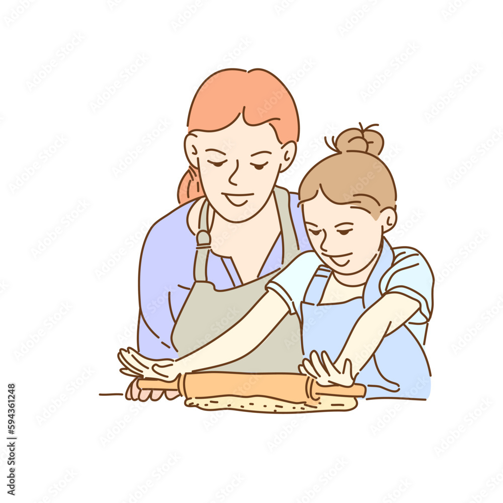 Happy attractive mommy helping cute smiling little preschool child daughter rolling dough for homemade pastry. Excited two female generations family enjoying cooking process together in kitchen. Happy attractive mommy helping cute smiling little preschool child daughter rolling dough for homemade pastry. Excited two female generations family enjoying cooking process together in kitchen.