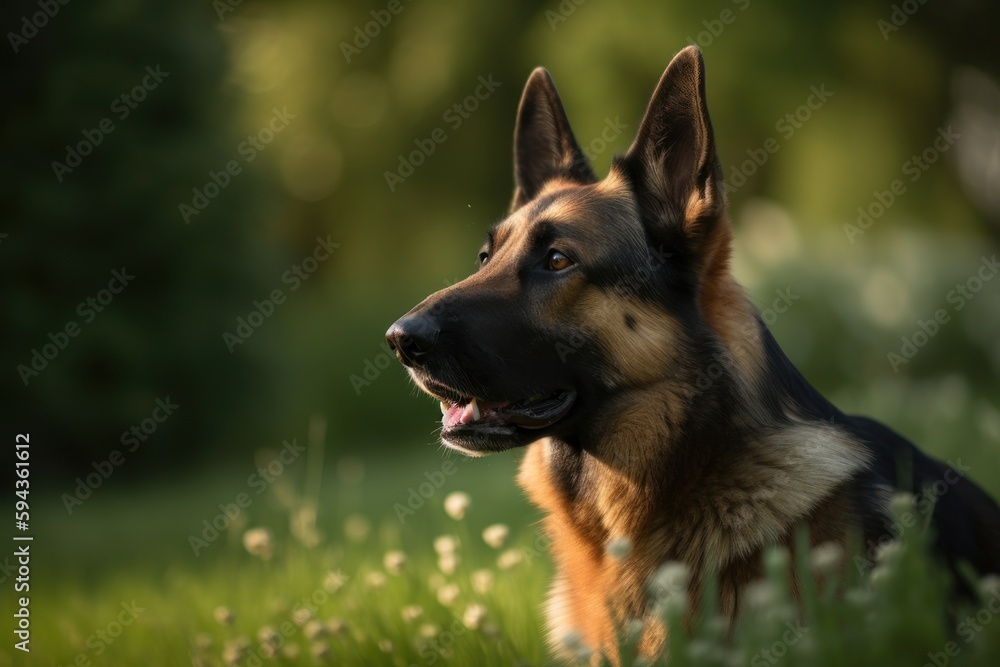 German Shepherd featured in an environmental portrait with a park setting as the backdrop, with generative AI technology