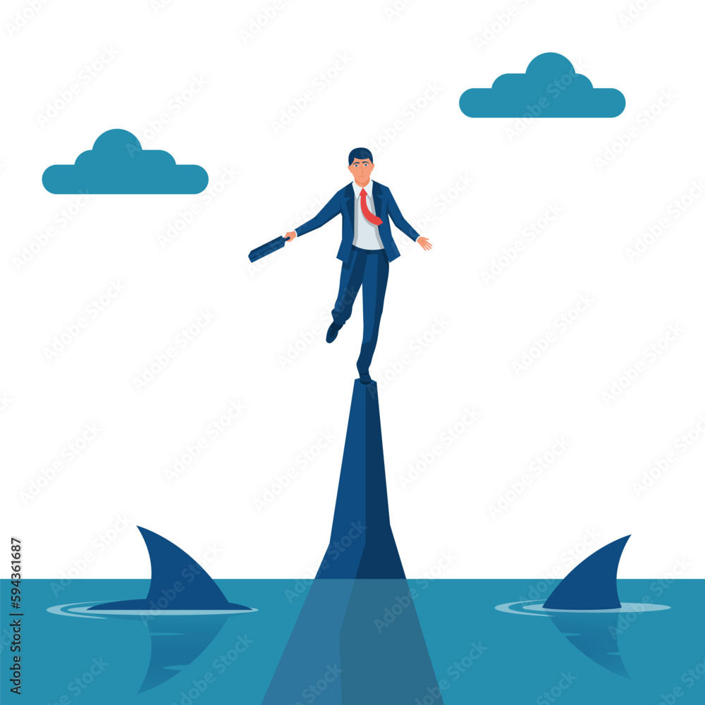 Business risk. Way to success. Obstacle on road. Search solution. Businessman standing rock ledge. Vector illustration flat design. Dangers on the way to success.
