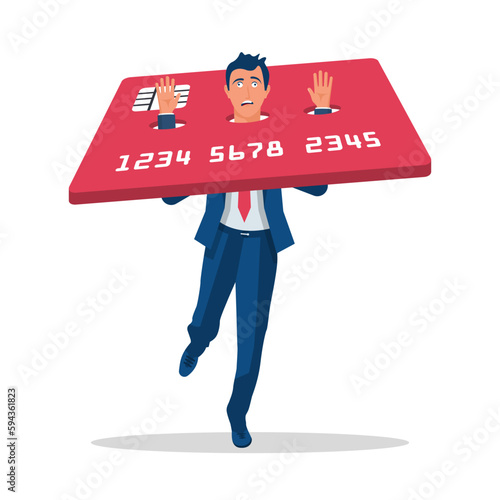 Credit card burdens. Businessman under the weight of debt obligations. The big credit card on the neck of a businessman. Vector illustration flat design. Isolated on white background.