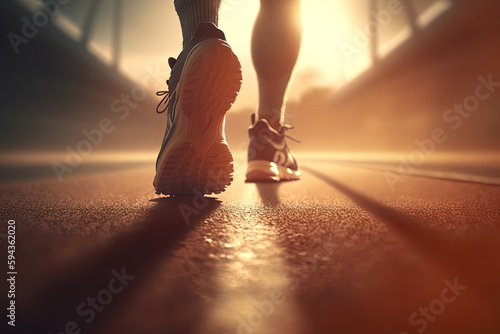 Runner feet with sport shoes getting ready for a walk and run work out with dramatic light sunflare, Generative AI