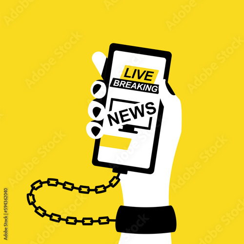 News Addiction concept. A man reads news from a smartphone. The phone is handcuffed to hand. Vector illustration flat design. Live broadcast. Breaking news. Cartoon style.