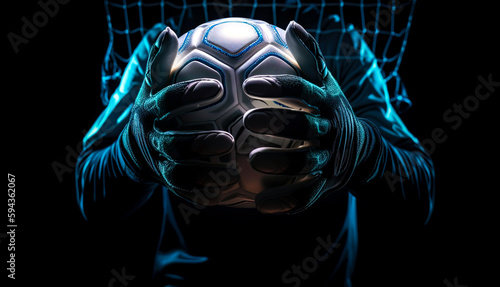 Foto Goal Keeper holding a soccer ball on his hand closed up shot