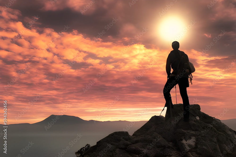 Hiker goes against sky and sun, a person standing on a rock with mountains in the background,  massive boots, during sunset, high detailed close up of, close up shot from the top, Generative AI