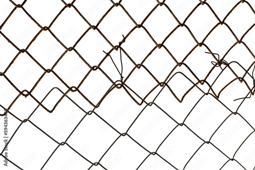 The texture of the metal mesh on a white background. Torn steel, metal mesh with holes The texture of the metal mesh on a white background. Torn steel, metal mesh with holes