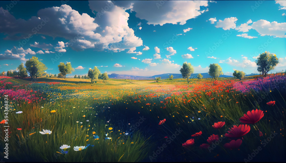 Beautiful spring landscape with colorful wildflow. Beautiful sky with spring flowers. Ai generated image