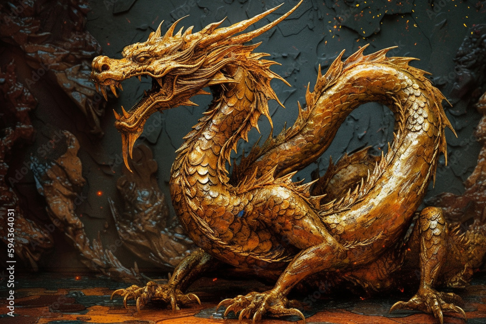 Fantastic dragon jewelry or statue in gold golden metal. Mythology fantasy or fairytale reptile monster macro close up. Ai generated Fantastic dragon jewelry or statue in gold golden metal. Mythology fantasy or fairytale reptile monster macro close up. Ai generated