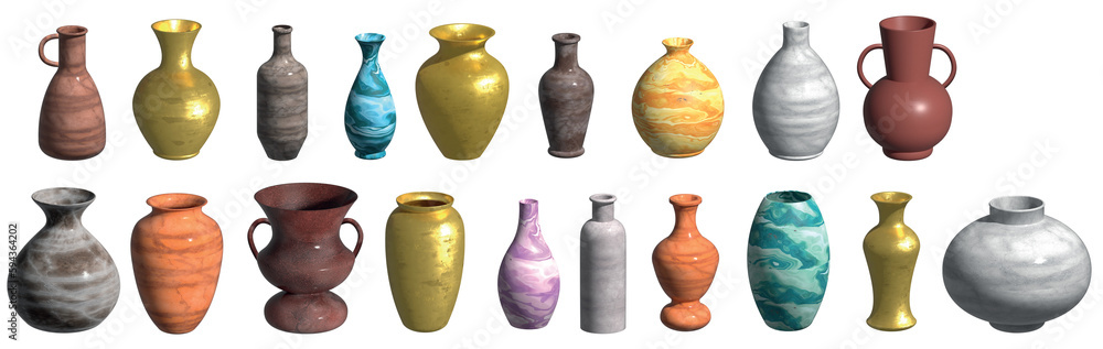 Set of vases and ceramics of different colors, shapes and textures. set of Pottery. 3d illustration.
Vessels, jugs, amphoras, pots and vases