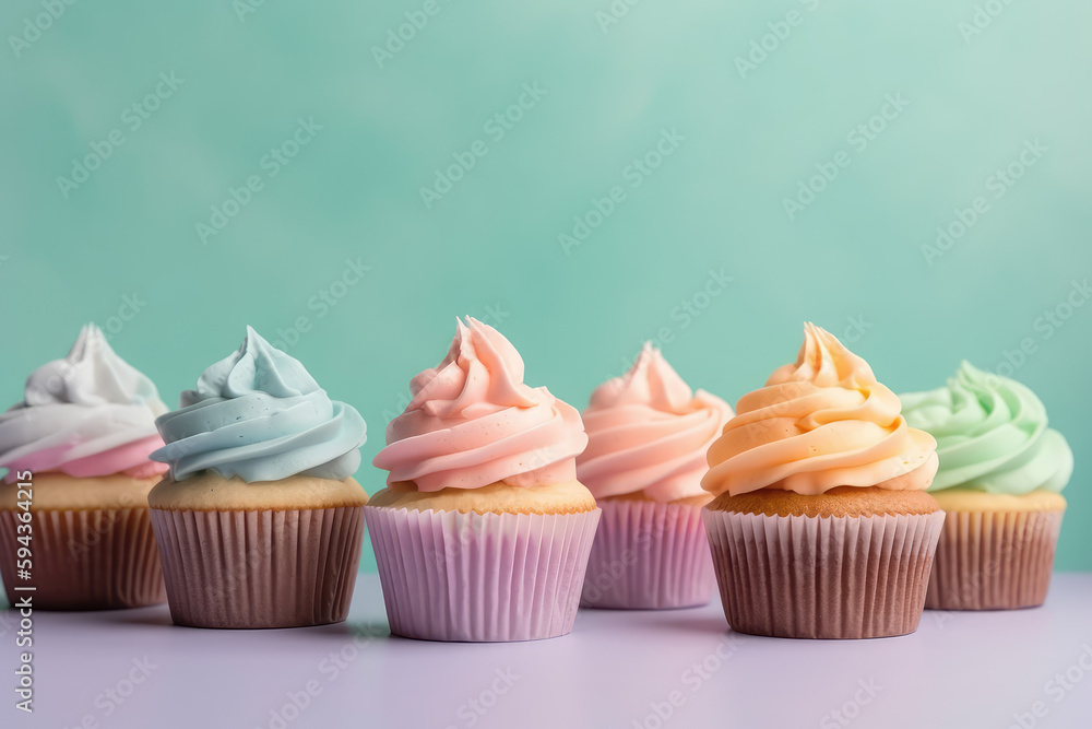 Delicious cupcakes with colorful cream swirl on a flat mint background with copy space. Pastel colors wallpaper. Generative ai professional photo shot imitation. Delicious cupcakes with colorful cream swirl on a flat mint background with copy space. Pastel colors wallpaper. Generative ai professional photo shot imitation.