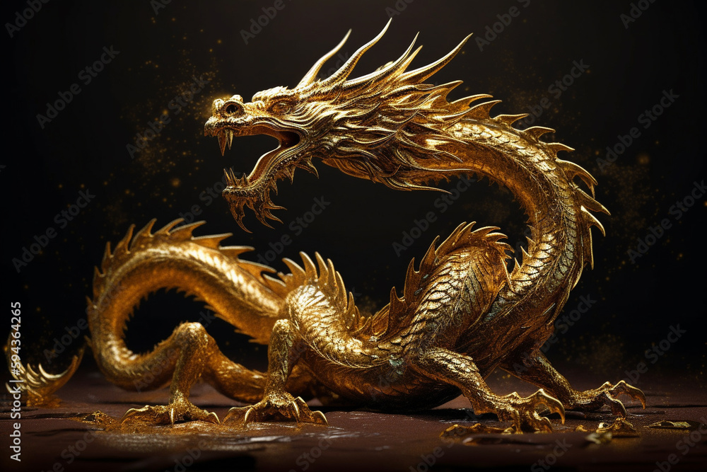 Fantastic dragon jewelry or statue in gold golden metal. Mythology fantasy or fairytale reptile monster macro close up. Ai generated Fantastic dragon jewelry or statue in gold golden metal. Mythology fantasy or fairytale reptile monster macro close up. Ai generated