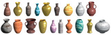 Set of vases and ceramics of different colors, shapes and textures. set of Pottery. 3d illustration.
Vessels, jugs, amphoras, pots and vases