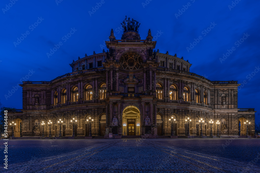 Theaterplatz square with Semperoper opera house at the blue hour , historic center, Dresden, Saxony, Germany