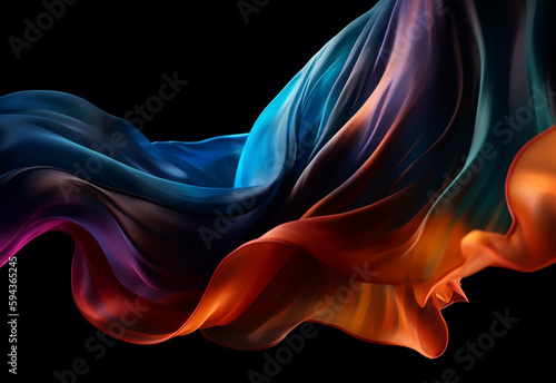 Elegant fashion flying satin silk cloth design for product display. Trend gradient colored cloth piece of fabric on black background. generative AI