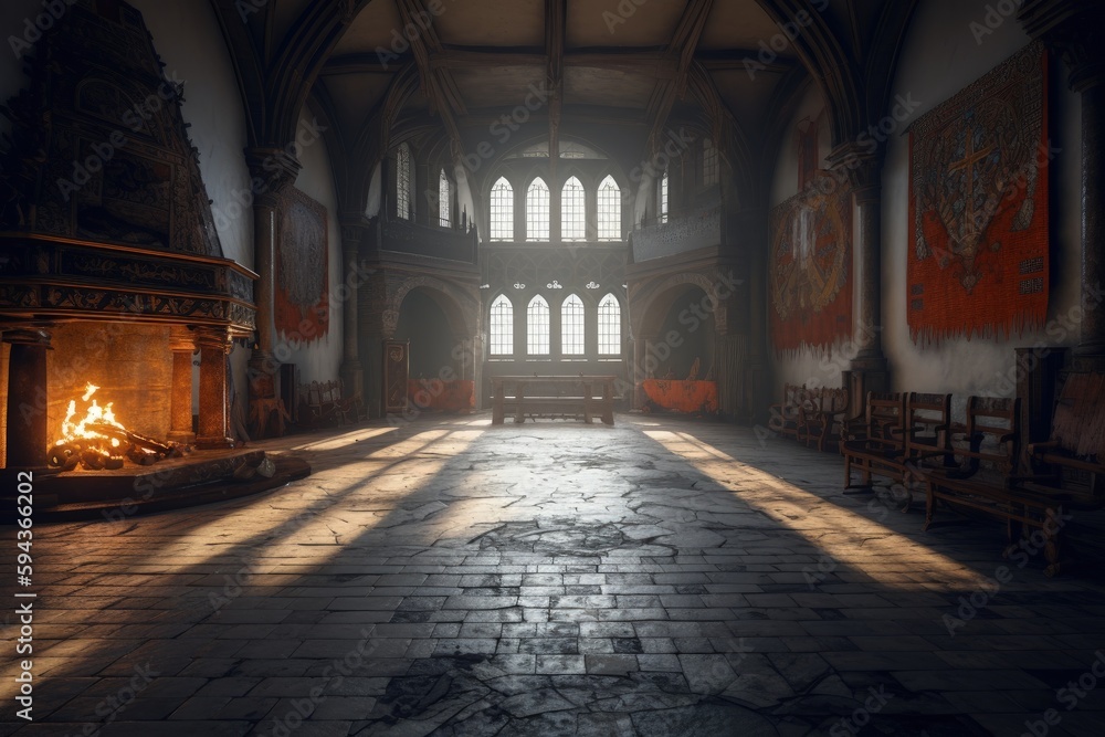 Illustration of the interior of a medieval castle, concept of history and fantasy. Generative AI