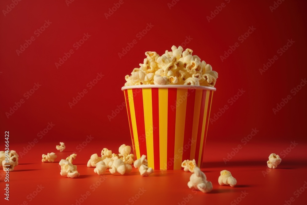 Illustration of bucket full of popcorn, cinema and entertainment concept, red background. Generative AI