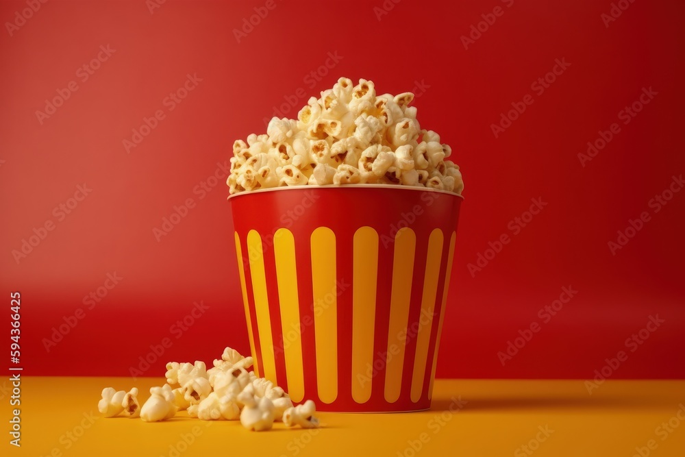 Illustration of bucket full of popcorn, cinema and entertainment concept, red background. Generative AI Illustration of bucket full of popcorn, cinema and entertainment concept, red background. Generative AI