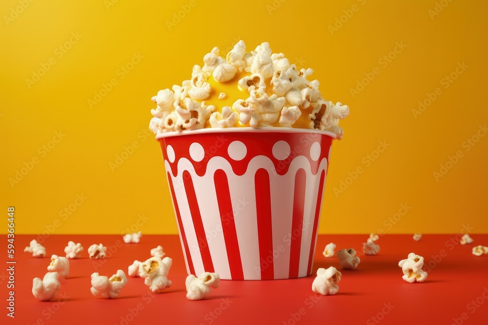Illustration of bucket full of popcorn, cinema and entertainment concept, red background. Generative AI