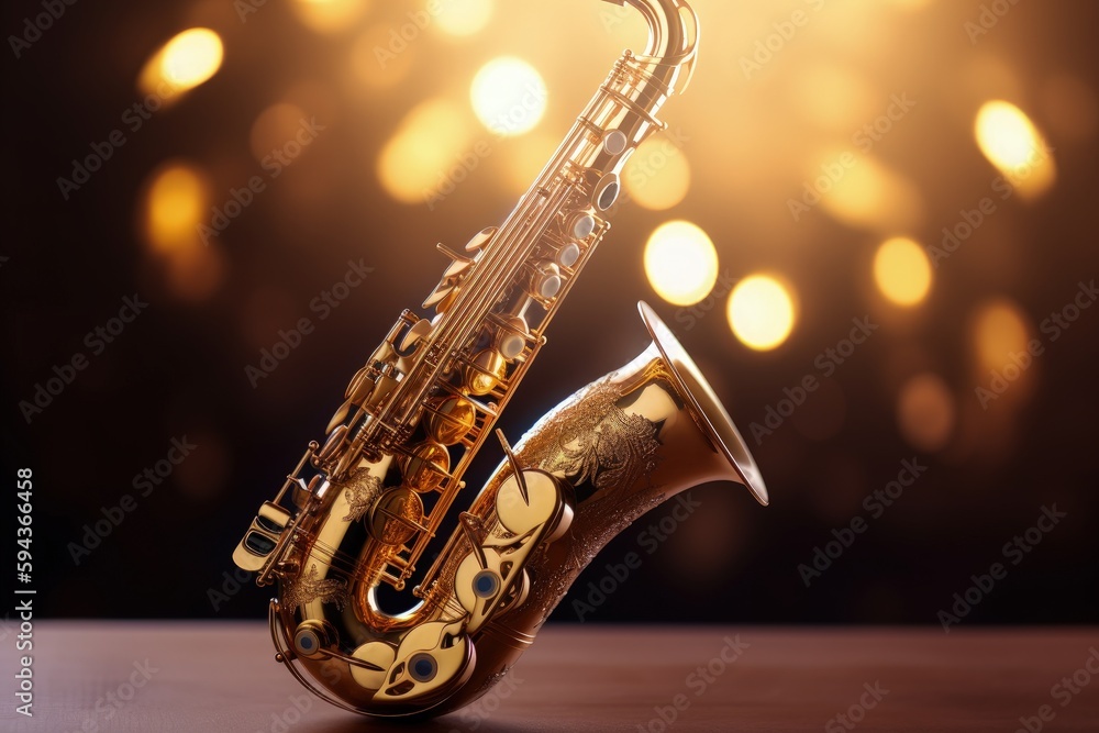 Fototapeta premium Saxophone illustration, music concept, bokeh background. Generative AI