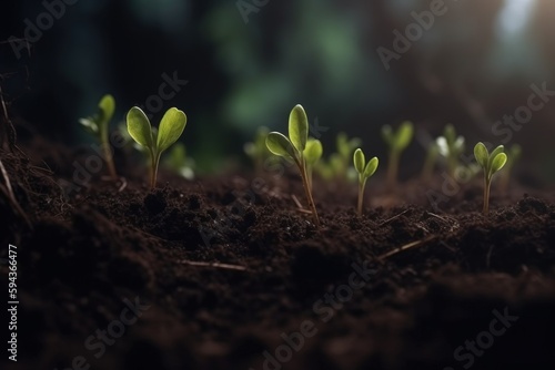 Little plants growing in the soil, concept of environmental preservation, bokeh background. Generative AI