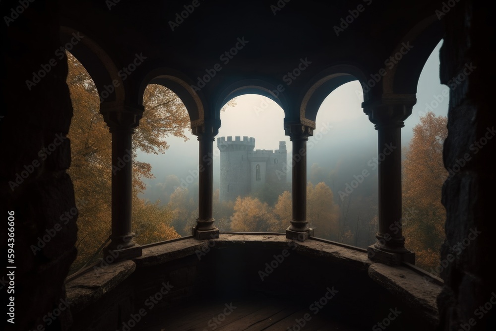 View from inside a medieval castle, landscape with castle in the background, forest and fog. Generative AI