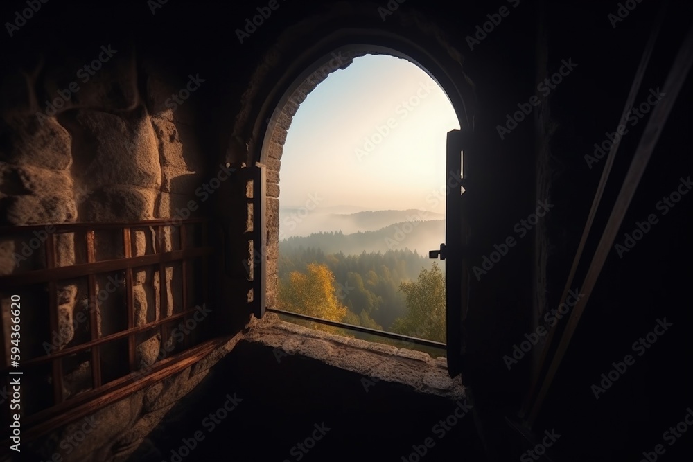 View from inside a medieval castle, landscape with forest and fog. Generative AI