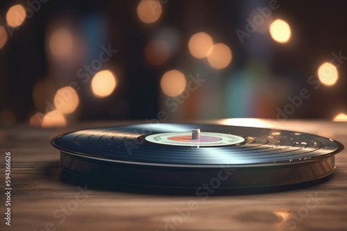 Vinyl record illustration, music concept, retro 80s, bokeh background. Generative AI