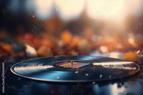 Vinyl record illustration, music concept, retro 80s, bokeh background. Generative AI