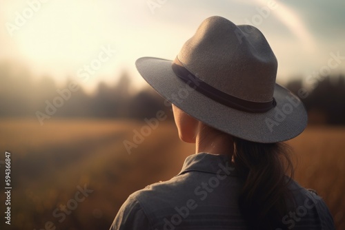 Landscape with woman in hat from behind, field in the background, bokeh background. Generative AI