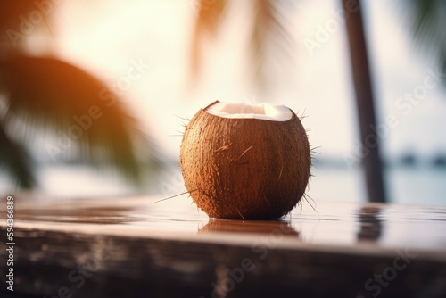 Landscape with coconut on a table, coconut trees and beach in the background, bokeh background. Generative AI