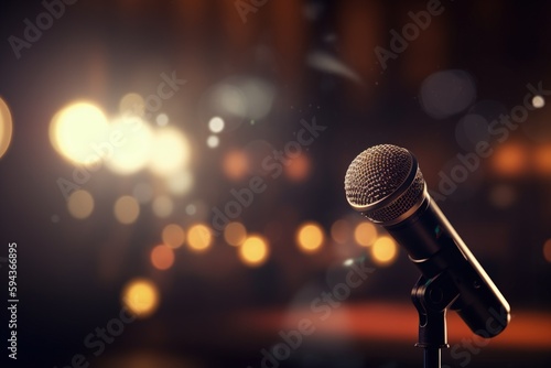 Microphone illustration on a stand, bokeh background. Generative AI