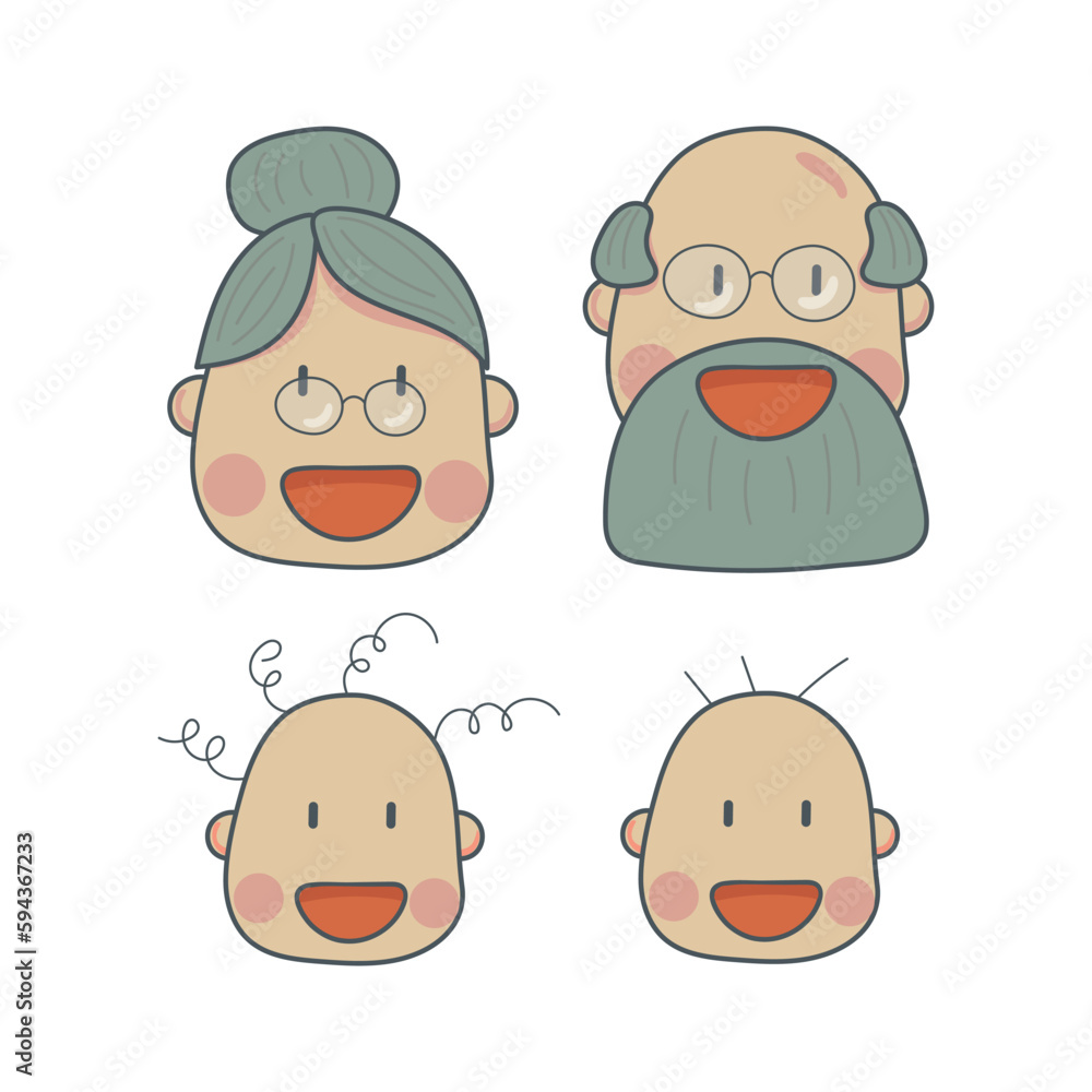 Icon set of different age groups of people from baby to elder. Smiling woman, man isolated on white background. Set of color vector illustrations.