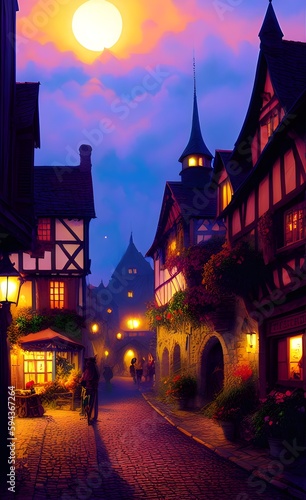 Fantasy medieval city street with medieval buildings, night, spectral, AI – Generated Image