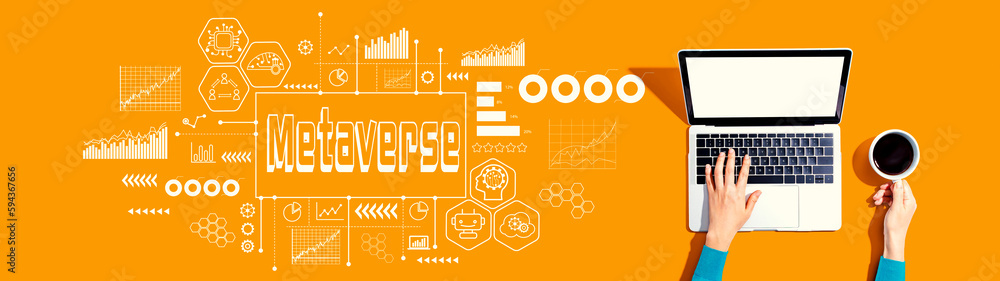 Metaverse theme with person using a laptop computer Metaverse theme with person using a laptop computer