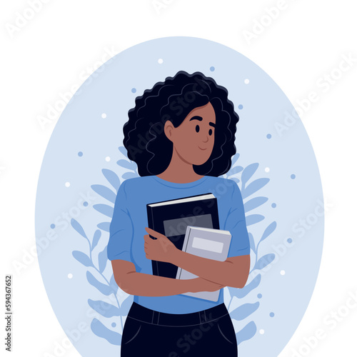 Happy black girl student with book. Vector illustration in cute cartoon style.