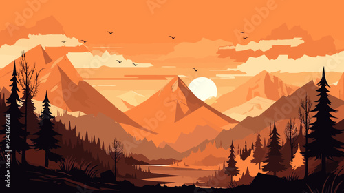 Mountain peak landscape with soft sunset light. Flat 2d vector illustration 